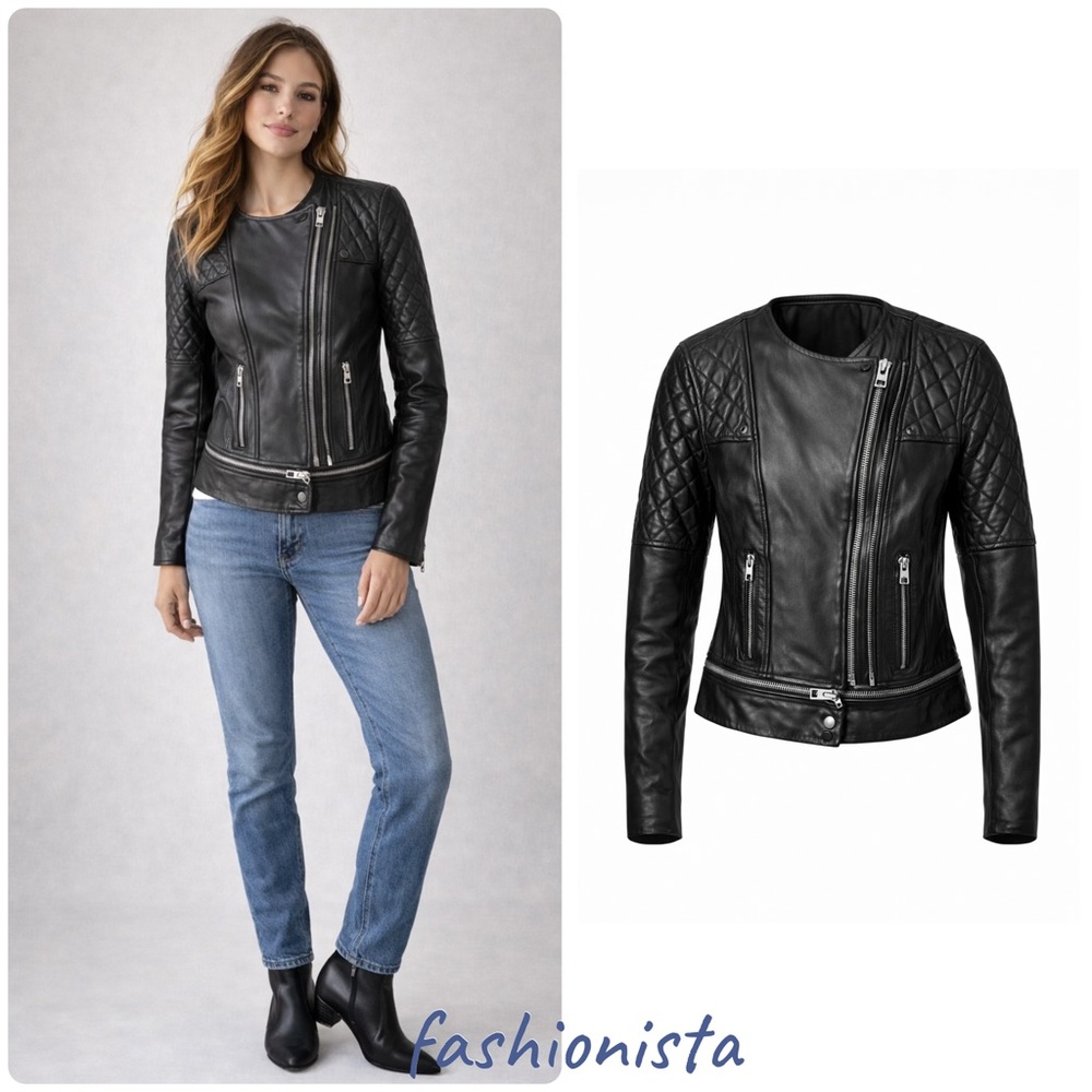 All Saints Black Leather Jacket with Quilted Sleeves